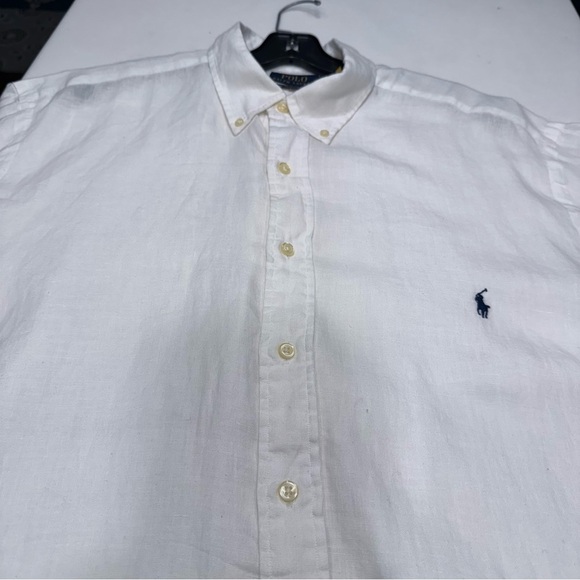 POLO RALPH LAUREN 100% LINEN BUTTON SHIRT SZ XLT WHITE SHORT SLEEVE NAVY PONY - Picture 9 of 13